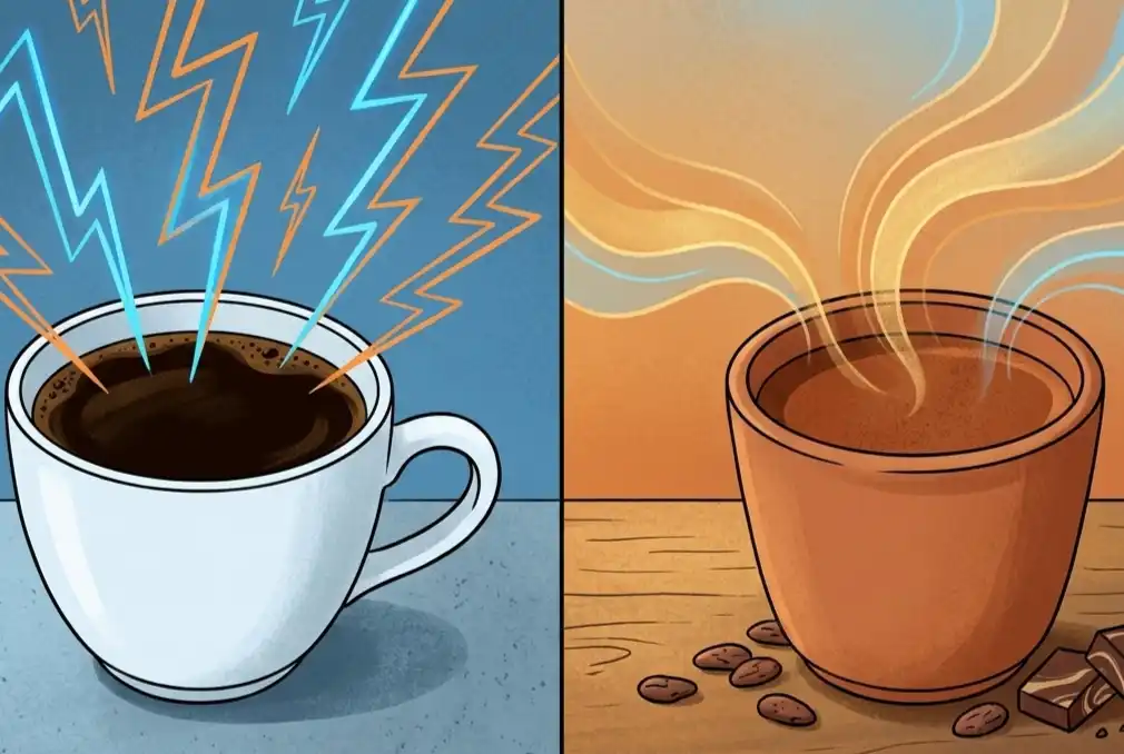 Visual comparison between coffee and ceremonial cacao showing different energy effects on the body
