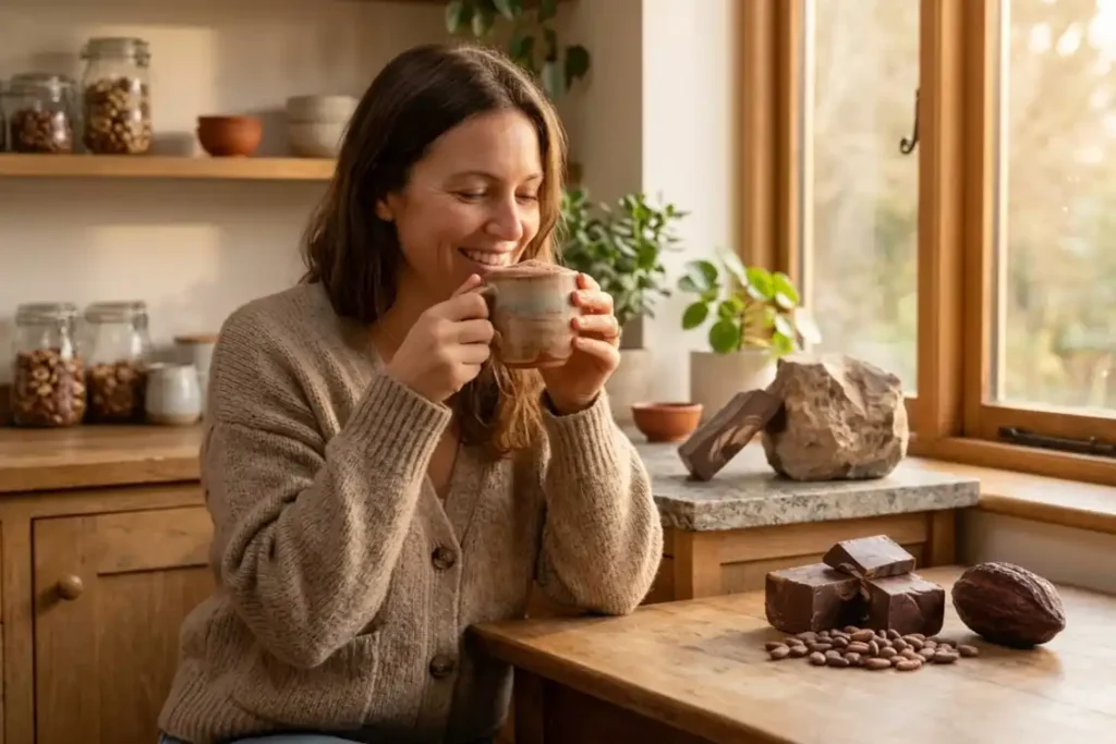 Woman enjoying a warm cup of ceremonial cacao in a UK kitchen as part of a morning wellness ritual