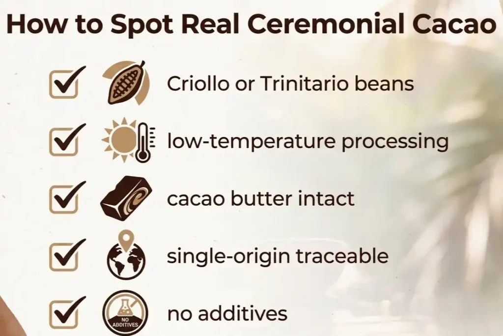 Infographic checklist showing five signs of authentic ceremonial grade cacao quality
