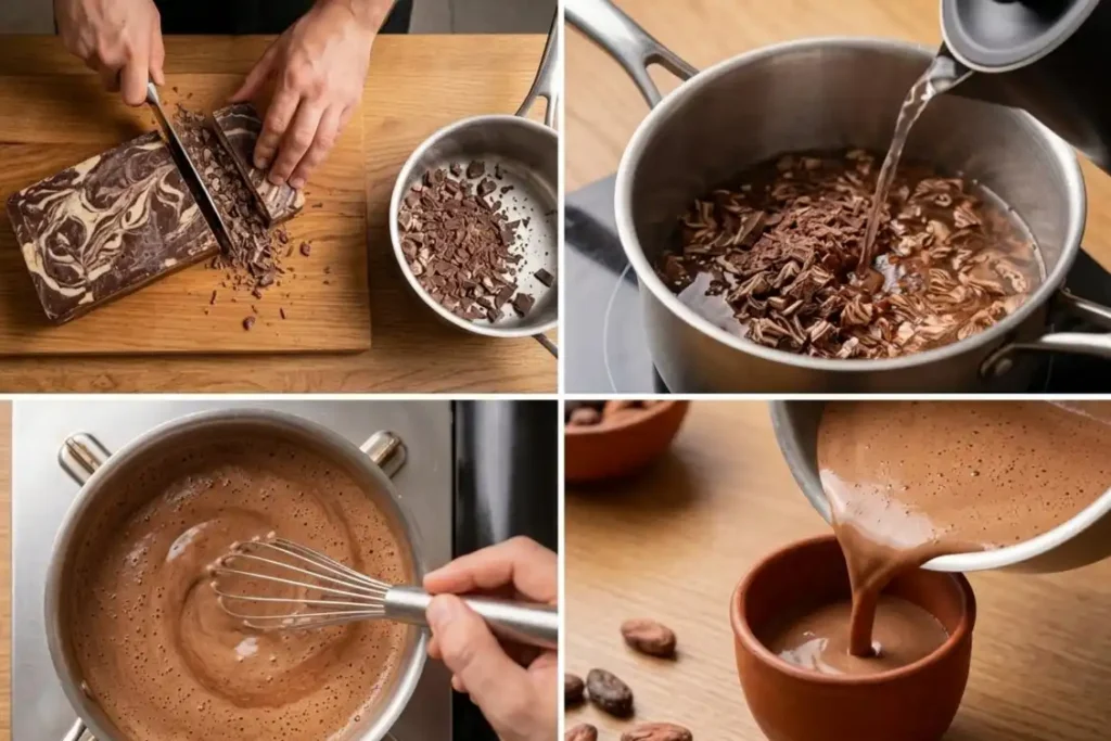 Step by step guide showing how to prepare ceremonial cacao at home from chopping to serving
