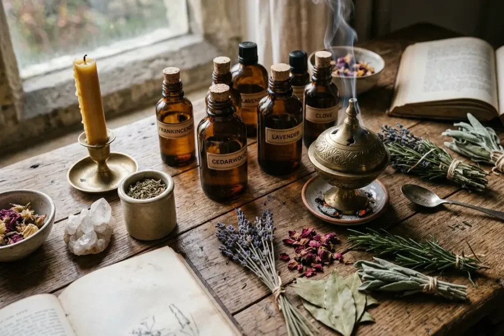 Natural fragrance oils UK arranged on a wooden altar for spiritual ritual