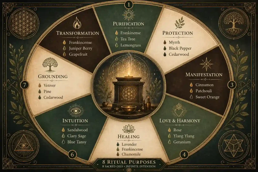Diagram matching the best natural fragrance oils to spiritual ritual purposes UK